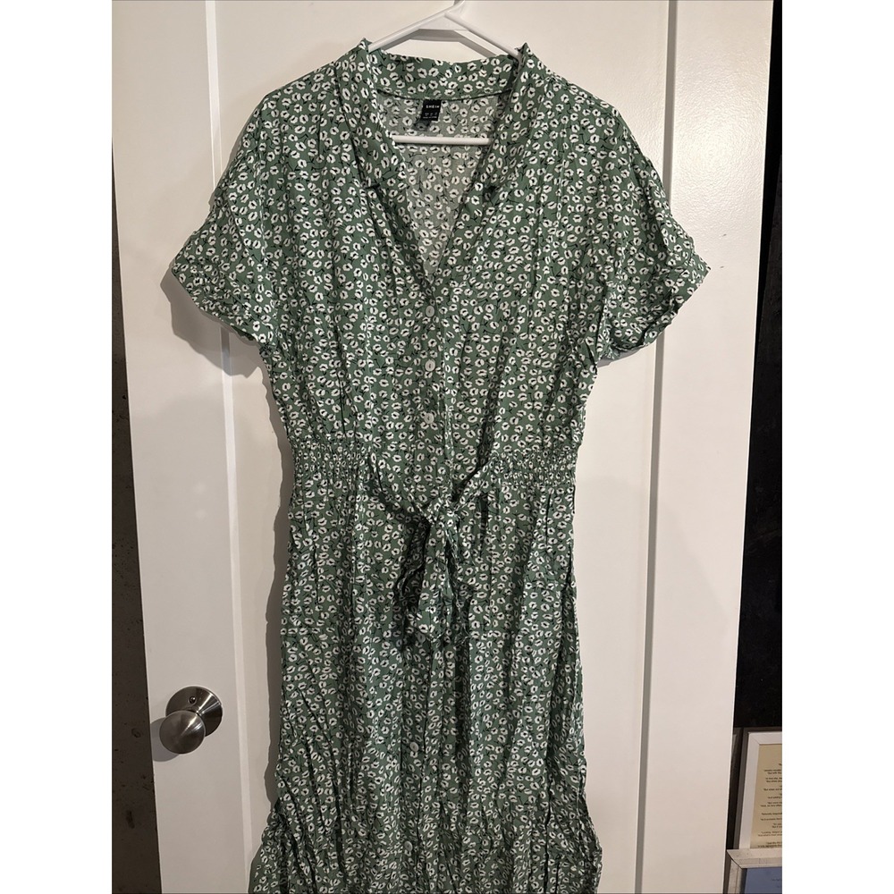 Shein Dress Womens XL Green Floral Tie Waist Button Collared Short Sleeve Maxi